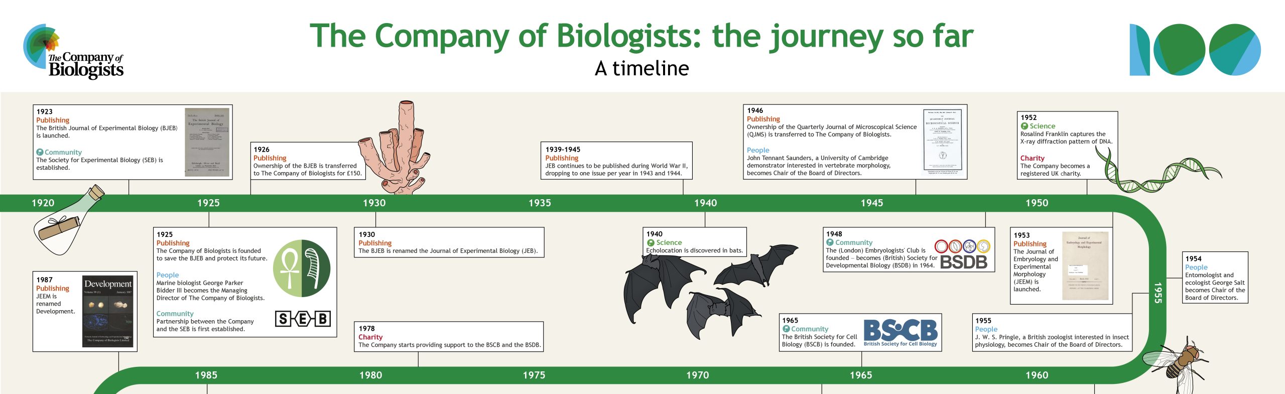 A short snippet of a poster entitled The Company of Biologists: the journey so far. A timeline. With key events in the history of The Company of Biologists illusrated. Intended for the reader to click through to read the main article.