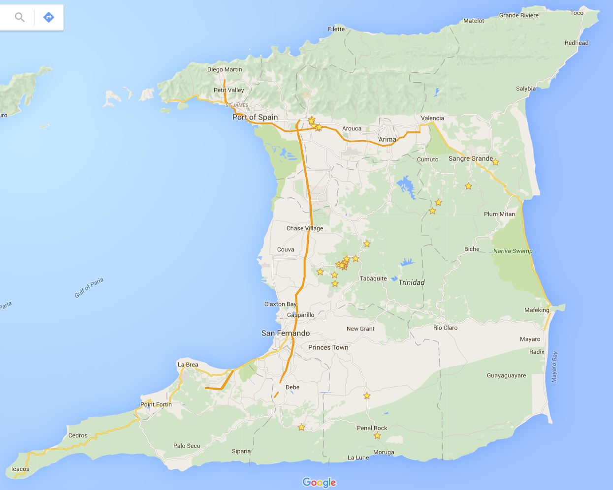 Figure 3: Map of Trinidad taken from Google Maps. We collect Carollia from the northern and central regions of Trinidad.