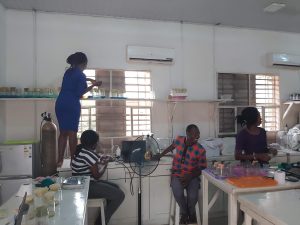 Abolaji lab members in the lab, Bukola (left) is taking care of the flies