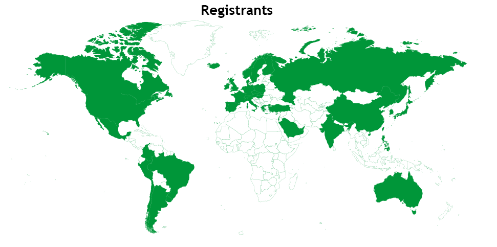 A map showing estimated locations for registrants who signed up for at least one Development presents... webinar.