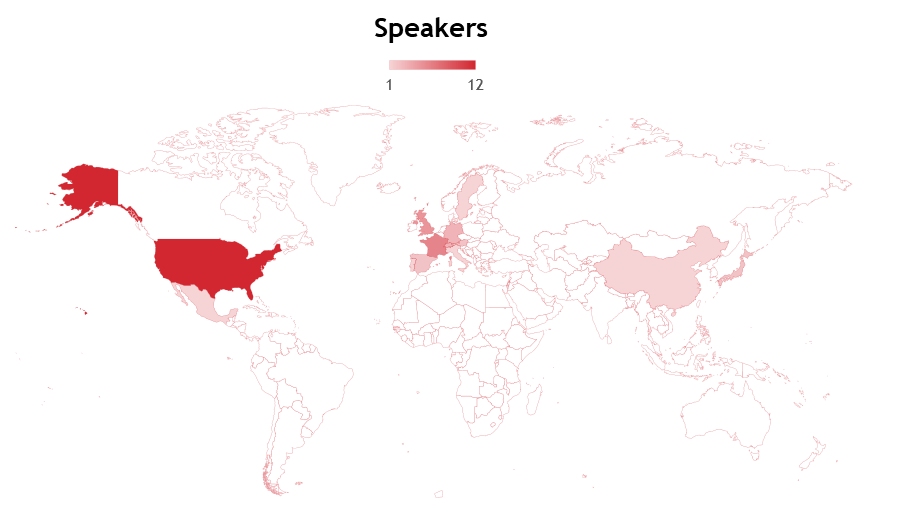 A map showing the number of Development presents... speakers from different countries around the word based on institution location.