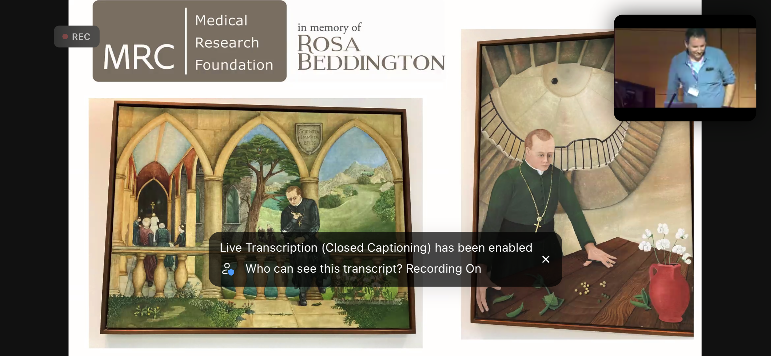 A screenshot from zoom showing concluding remarks from Nic Tapon (organiser) sharing some of Rosa's paintings of Mendel.