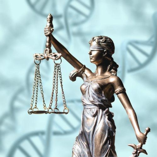 Lady justice bronze statue in front of a DNA graphic