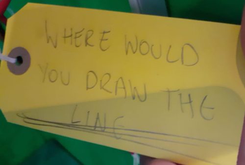 Comment by visitor on a notecard: "Where would you draw the line?"