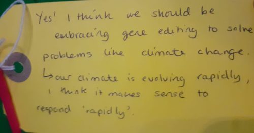 Comment by visitor on a notecard: "Yes! I think we should be embracing gene editing to solve problems like climate change. Our climate is evolving rapidly, I think it makes sense to respond 'rapidly.'"