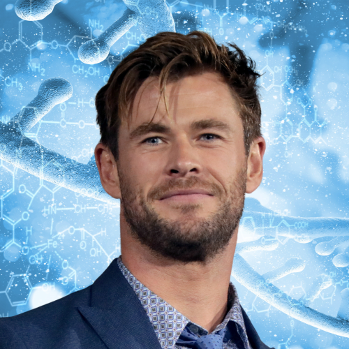 Chris Hemsworth portrait with DNA graphics in the background