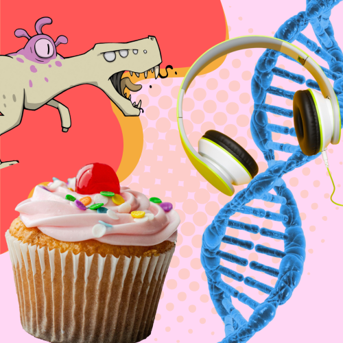 Colourful image showing: a blue DNA helix, a white and yellow headphone set, a cupcake and a cartoon of a T-Rex with a purple eye growing on its back. The background of the image is pink with some red and yellow patches.