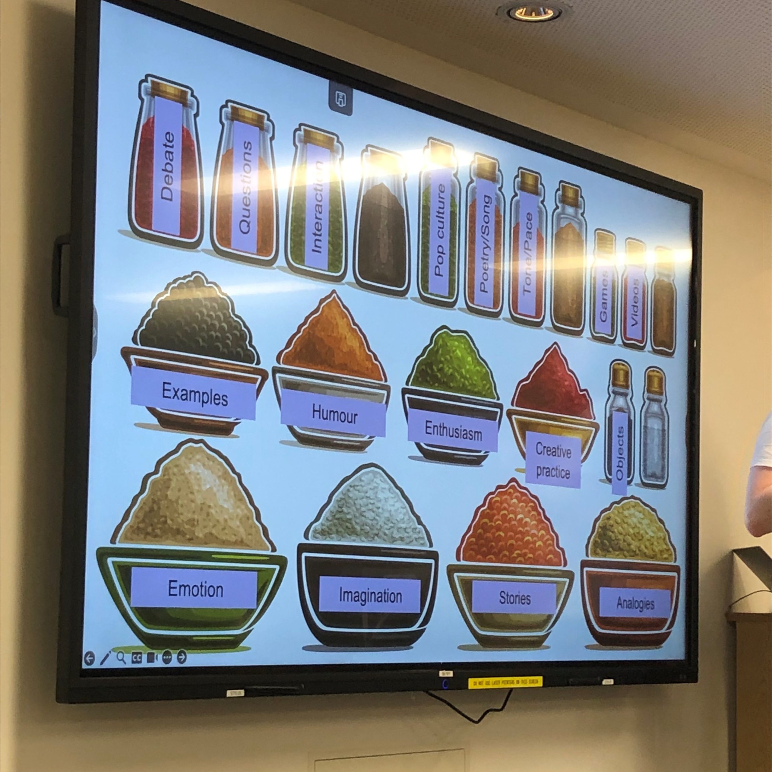 This image depicts one of Jamie Gallagher slides which includes many different spices and flavourings that can be added to 'spice up' your public engagement activity (used as part of a larger cooking analogy).