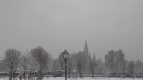 View of the Vienna City Hall on a snowy morning.