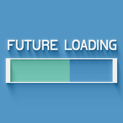 Turquoise loading bar, half full, blue background. Text above the loading bar reads "FUTURE LOADING"