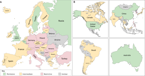 Figure 1 from the article. Regulatory landscape of human embryo research across Europe. Countries are classified based on national policies regarding the research use of human embryos and the derivation of human embryonic stem cells (hESCs). Permissive (green): countries that allow the creation of embryos specifically for research purposes, in addition to permitting research on supernumerary embryos and hESC derivation. These countries typically have comprehensive legislation, require explicit informed consent and involve multi-level ethical oversight. Intermediate (yellow): countries that permit research on supernumerary embryos and may allow hESC derivation, but prohibit the creation of embryos solely for research. Regulatory conditions vary, and implementation may be more restrictive in practice. Restrictive (pink): countries that prohibit embryo research entirely or allow it only in very limited forms (e.g. observational studies without embryo destruction). Creation of embryos for research and hESC derivation is prohibited.
